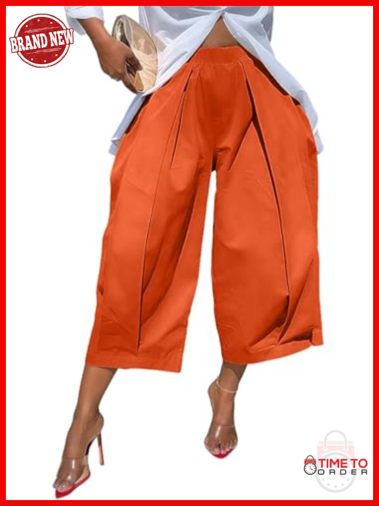 Wide Leg Capri Pants High Waisted Baggy Pleated Casual Work Trousers